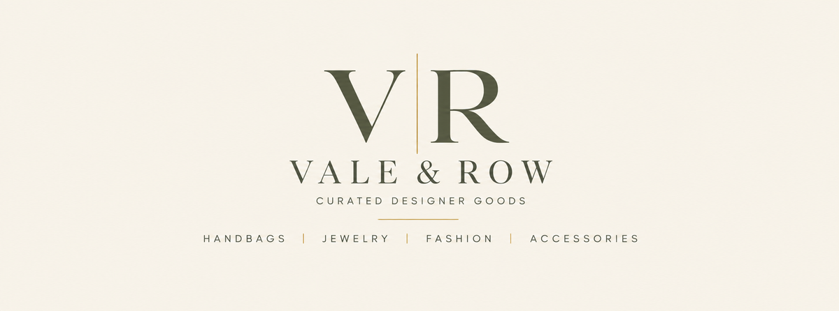 Vale & Row logo on a light cream background, with the text 'VR', 'VALE & ROW', 'CURATED DESIGNER GOODS', and 'HANDBAGS | JEWELRY | FASHION | ACCESSORIES'.